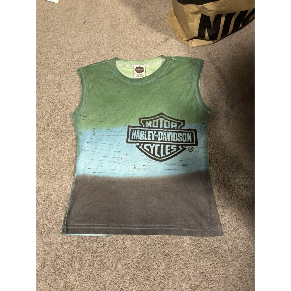 Vintage Y2K Harley Davidson Splatter Tri-Tie-Dye Cracked Dye Tank Top Women’s XL